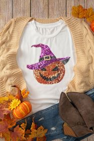 White Halloween Sequined Pumpkin Crewneck Graphic Tee (size: (US 8-10)M)