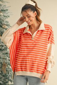 Orange Stripe Color Block Loose Fit Collared Drop Shoulder Sweatshirt (size: (US 8-10)M)