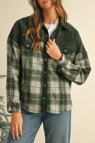 Blackish Green Snap Buttons Patchwork Plaid Shacket (size: (US 4-6)S)