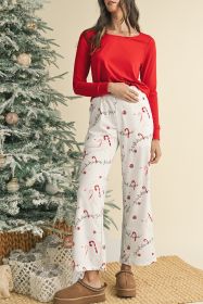 Red Solid Top and Christmas Print Pants Pajama Set (size: (US 4-6)S)