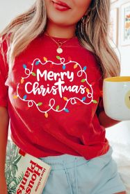 Red Merry Christmas Lights Print Crew Neck T Shirt (size: (US 8-10)M)