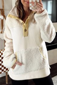Beige Fleece Colorblock Trim Buttons Collar Sweatshirt with Pocket (size: (US 4-6)S)