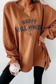 Chestnut Sequin Happy Halloween Graphic Notched Neck Loose Top (size: (US 8-10)M)
