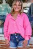Bonbon Chest Pocket Crinkle Drop Sleeve Plus Size Henley Top