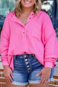 Bonbon Chest Pocket Crinkle Drop Sleeve Plus Size Henley Top (size: (US 22W-24W)3X)