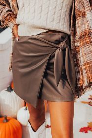 Coffee Bowknot Faux Leather Plain Mini Skirt (size: (US 4-6)S)