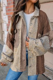 Khaki Houndstooth Textured Patchwork Loose Shacket (size: (US 4-6)S)