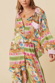 Multicolour Abstract Print Button Long Sleeve Shirt Dress (size: (US 4-6)S)