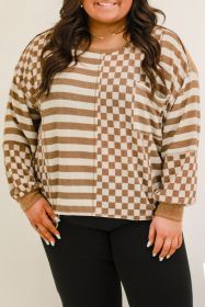 Khaki Striped Checkered Patchwork Ribbed Plus Size Top (size: (US 22W-24W)3X)