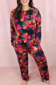 Black Plus Size Floral Printed Long Sleeve and Pants Loungewear Set (size: (US 22W-24W)3X)