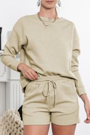 Apricot Textured Long Sleeve Top & Drawstring Shorts Set (size: (US 8-10)M)