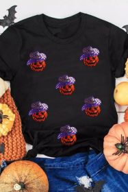 Black Sequin Hat Pumpkin Graphic Crewneck Halloween T Shirt (size: (US 8-10)M)