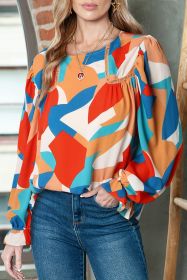 Multicolor Abstract Print Casual Puff Sleeve Blouse (size: (US 12-14)L)