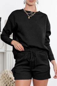 Black Textured Long Sleeve Top & Drawstring Shorts Set (size: (US 4-6)S)