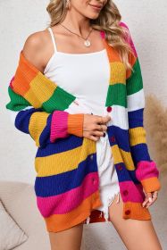 Multicolor Striped Print Button Front Knitted Long Cardigan (size: (US 8-10)M)