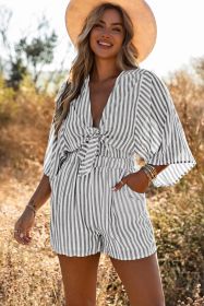 Grey Striped Print Tie Knot Front Romper With Pockets (size: (US 4-6)S)