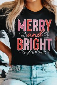 Black MERRY and BRIGHT Crew Neck Christmas Graphic Tee (size: (US 8-10)M)
