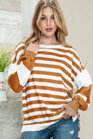Brown Striped Colorblock Casual Drop Shoulder Sweatshirt (size: (US 8-10)M)