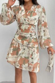 Red Temperament Floral Printed Waisted Long Sleeve Dress (size: (US 4-6)S)