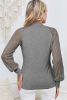 Gray Basic Crew Neck Dressy Striped Mesh Long Sleeve Top