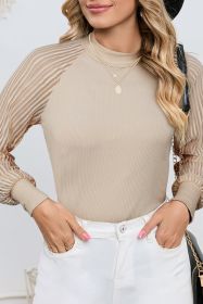 Apricot Ribbed Solid Color Striped Mesh Long Sleeve Top (size: (US 8-10)M)