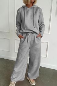 Gray Plain Long Sleeve Hooded Pullover & Wide Leg Pants Set (size: (US 8-10)M)