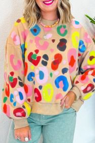 Khaki Funny Leopard Print Drop Shoulder Pullover Sweatshirt (size: (US 4-6)S)
