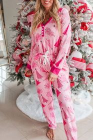 Pink Christmas Tree Print V Neck Buttoned Pullover and Pants Pajama Set (size: (US 4-6)S)