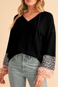 Black Floral Patchwork Textured Drawstring V Neck Top (size: (US 4-6)S)