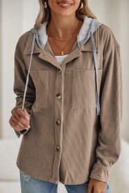 Pale Khaki Pockets Drawstring Hooded Corduroy Shacket (size: (US 8-10)M)