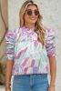Green Abstract Print Smocked Bubble Sleeve Blouse