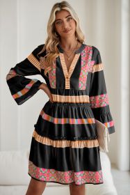 Black Ethnic Geometric Print Ruffle Mini Dress (size: (US 4-6)S)