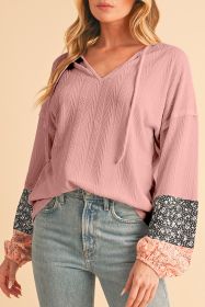 Dusty Pink Floral Patchwork Textured Drawstring V Neck Top (size: (US 4-6)S)