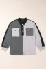 Gray Colorblock Patchwork Ribbed Oversized Henley Sweatshirt
