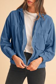 Real Teal Corduroy Drawstring Hooded Pocket Zip Up Jacket (size: (US 4-6)S)