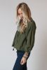Green Embroidered Split Neck Pleated Loose Blouse