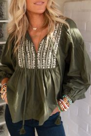 Green Embroidered Split Neck Pleated Loose Blouse (size: (US 8-10)M)
