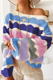Dark Blue Wave Striped Balloon Sleeve Drop Shoulder Sweater (size: (US 4-6)S)