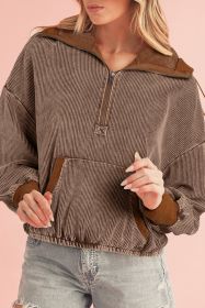 Chestnut Half Zipper Kangaroo Pocket Drawstring Corduroy Hoodie (size: (US 4-6)S)