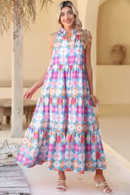 Sky Blue 60s Flower Split Neck Sleeveless Tiered Maxi Dress (size: (US 8-10)M)