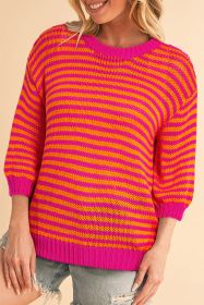 Rose Striped Puff Sleeve Round Neck Sweater (size: (US 4-6)S)