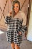 Black Plaid Waffle Patchwork Collared V Neck Plus Size Dress