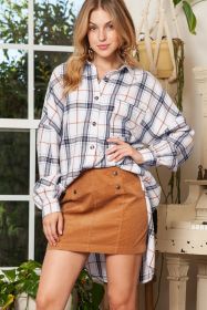 White Plaid Slits Bishop Sleeve Oversized Shacket (size: (US 8-10)M)