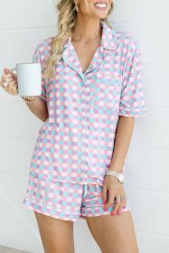 Purple Checkered Pattern Short Sleeve Pajamas Set (size: (US 4-6)S)
