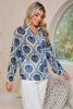 Blue Ethnic Print Button V Neck Loose Shirt