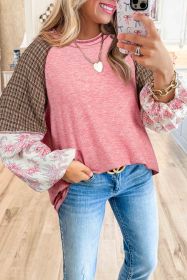Fushia Floral Plaid Mixed Print Patchwork Raglan Ribbed Top (size: (US 8-10)M)