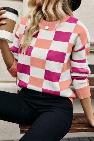 Pink Checkered Crew Neck Drop Shoulder Knit Sweater (size: (US 8-10)M)