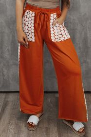 Gold Flame Floral Crochet Patchwork Pocket Wide Leg Plus Size Pants (size: (US 22W-24W)3X)