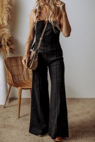 Black Seamed Zipper Spaghetti Strap High Waist Flared Jumpsuit (size: 14)