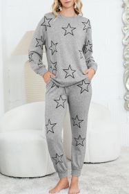 Gray Stars Print Long Sleeve Top and Drawstring Pants Set (size: (US 4-6)S)